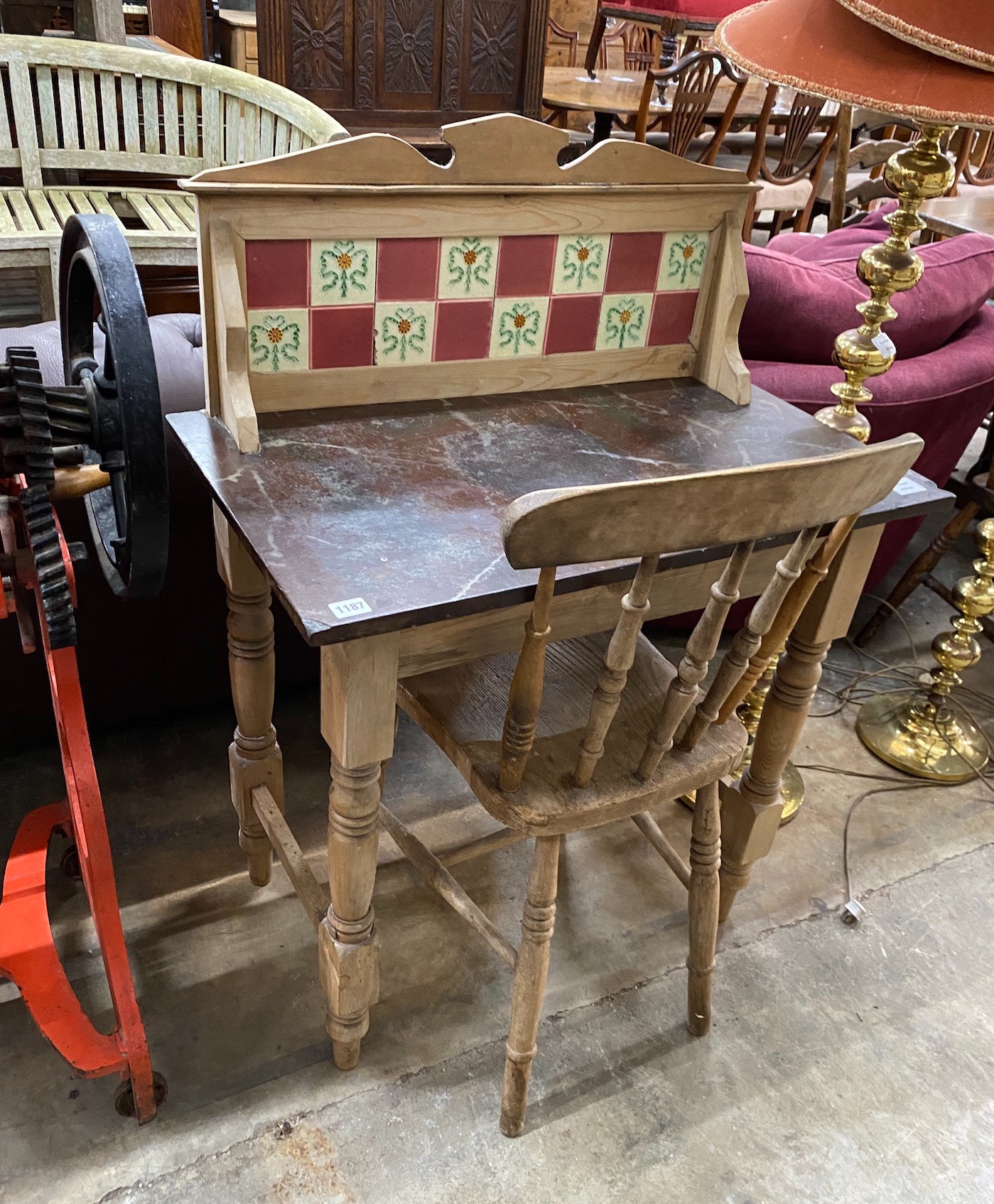 A late Victorian pine tiled back marble topped washstand, width 78cm, depth 46cm, height 106cm together with a Victorian Windsor kitchen chair